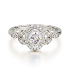 1 Carat Oval Cut Moissanite Halo Ring Anniversary Bead Edge Unique Leaf Ring