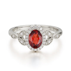 1 Carat Oval Cut Garnet Halo Ring Anniversary Bead Edge Unique Leaf Ring