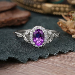 1 Carat Oval Cut Amethyst Halo Ring Anniversary Bead Edge Unique Leaf Ring