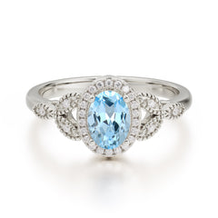 1 Carat Oval Cut Aquamarine Halo Ring Anniversary Bead Edge Unique Leaf Ring