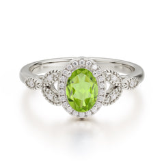 1 Carat Oval Cut Peridot Halo Ring Anniversary Bead Edge Unique Leaf Ring