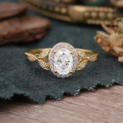 1 Carat Oval Cut Moissanite Halo Ring Anniversary Bead Edge Unique Leaf Ring