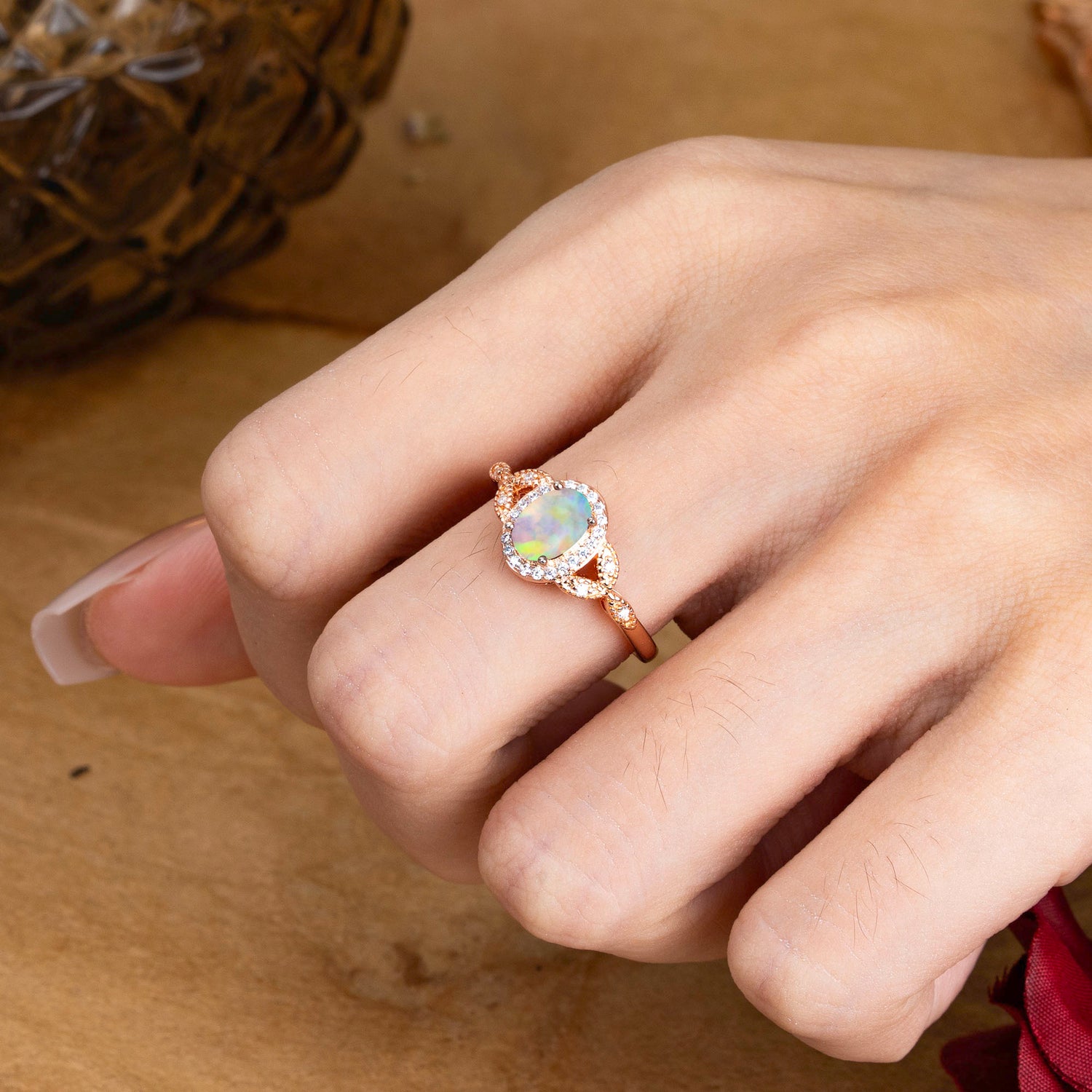 1 Carat Oval Cut Opal Halo Bead Edge Unique Leaf Engagement Ring