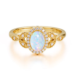1 Carat Oval Cut Opal Halo Ring Anniversary Bead Edge Unique Leaf Ring