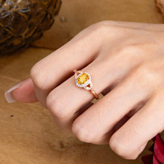 1 Carat Oval Cut Citrine Halo Ring Anniversary Bead Edge Unique Leaf Ring