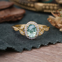 1 Carat Oval Cut Moss Agate Halo Ring Anniversary Bead Edge Unique Leaf Ring
