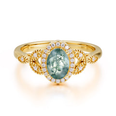 1 Carat Oval Cut Moss Agate Halo Ring Anniversary Bead Edge Unique Leaf Ring