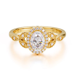 1 Carat Oval Cut Moissanite Halo Ring Anniversary Bead Edge Unique Leaf Ring