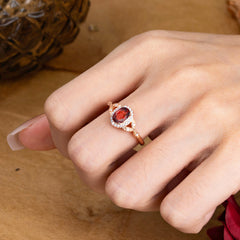 1 Carat Oval Cut Garnet Halo Ring Anniversary Bead Edge Unique Leaf Ring