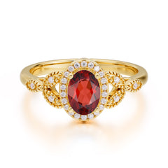 1 Carat Oval Cut Garnet Halo Ring Anniversary Bead Edge Unique Leaf Ring