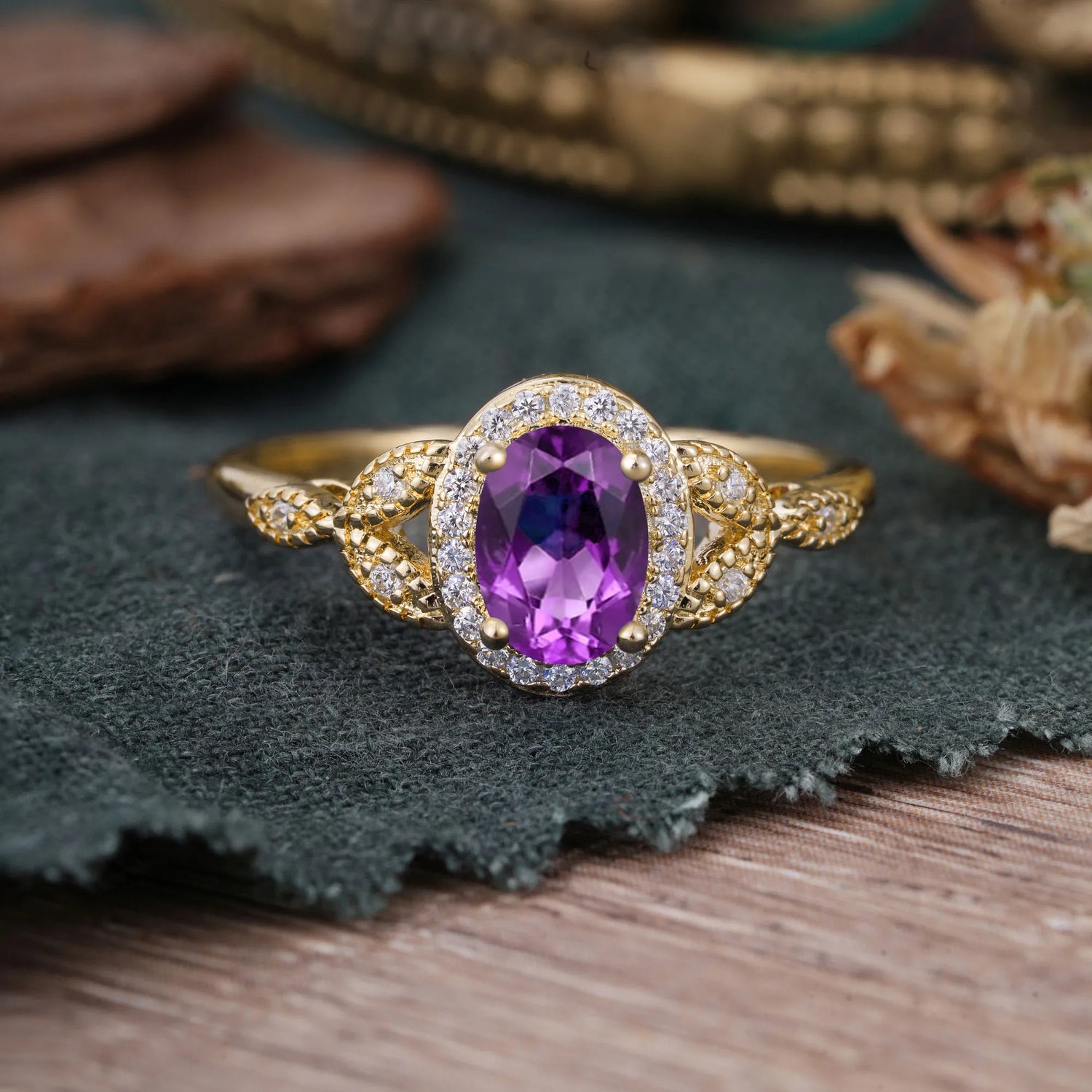 1 Carat Oval Cut Amethyst Halo Bead Edge Unique Leaf Engagement Ring