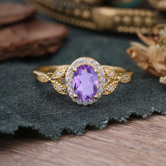 1 Carat Oval Cut Amethyst Halo Ring Anniversary Bead Edge Unique Leaf Ring