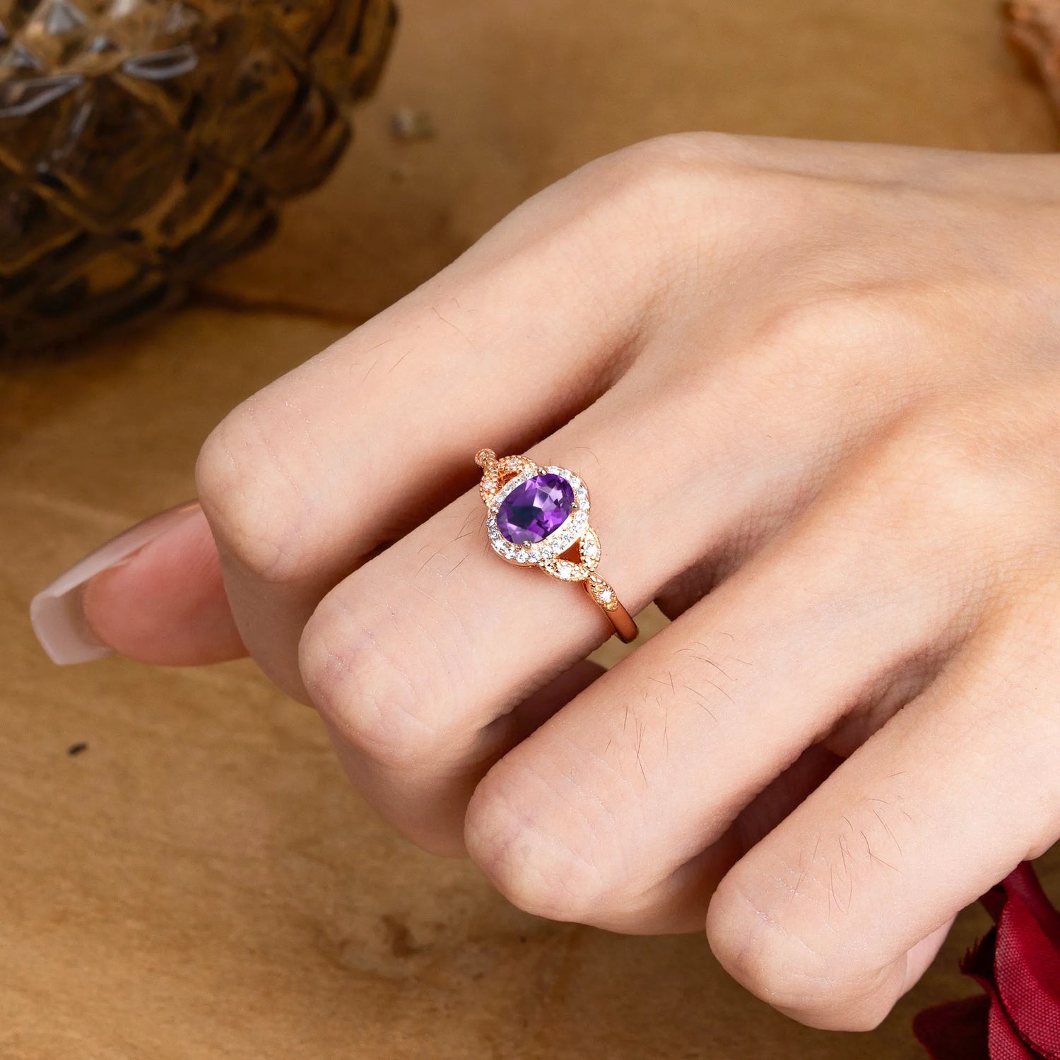 1 Carat Oval Cut Amethyst Halo Bead Edge Unique Leaf Engagement Ring