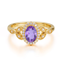 1 Carat Oval Cut Amethyst Halo Ring Anniversary Bead Edge Unique Leaf Ring