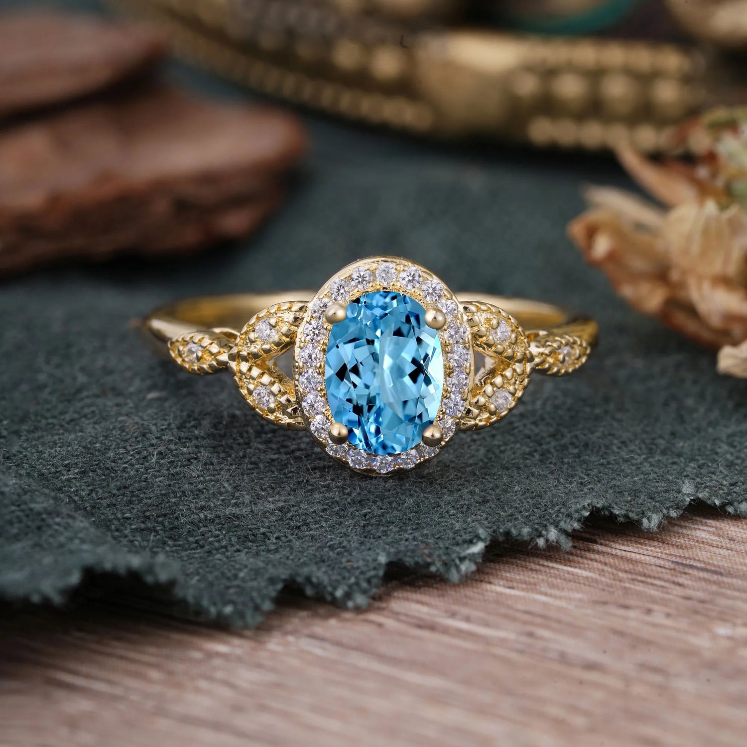 1 Carat Oval Cut Aquamarine Halo Bead Edge Unique Leaf Engagement Ring