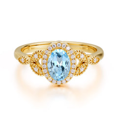 1 Carat Oval Cut Aquamarine Halo Ring Anniversary Bead Edge Unique Leaf Ring