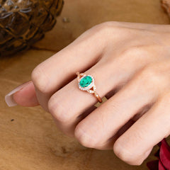 1 Carat Oval Cut Emerald Halo Ring Anniversary Bead Edge Unique Leaf Ring