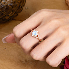 1 Carat Oval Cut Moonstone Halo Ring Anniversary Bead Edge Unique Leaf Ring