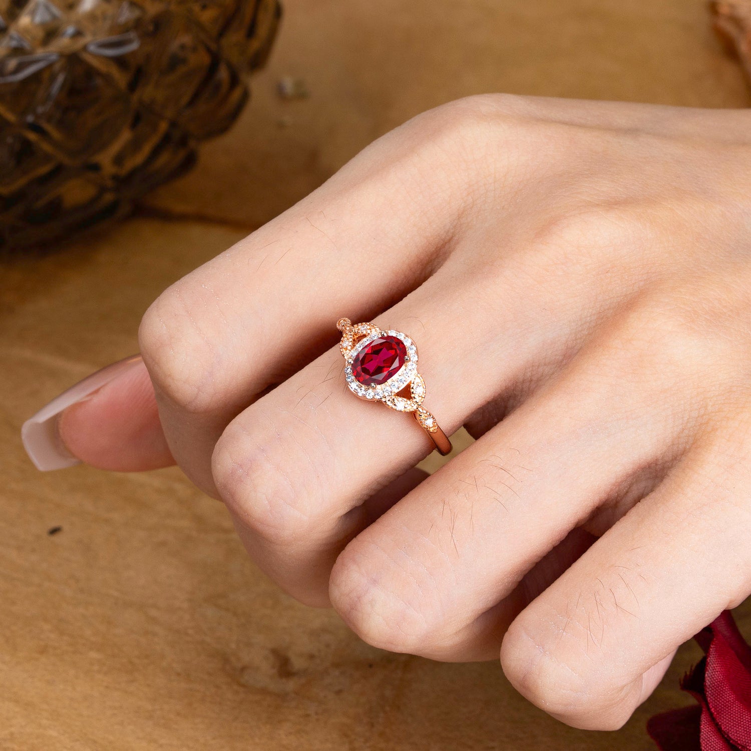 1 Carat Oval Cut Ruby Halo Bead Edge Unique Leaf Engagement Ring