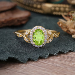 1 Carat Oval Cut Peridot Halo Ring Anniversary Bead Edge Unique Leaf Ring