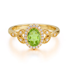 1 Carat Oval Cut Peridot Halo Ring Anniversary Bead Edge Unique Leaf Ring
