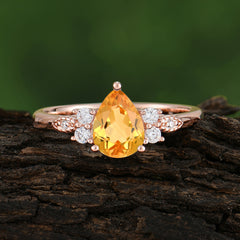 Pear Cut Classic Lab Grown Citrine Engagement Ring with Side Stone