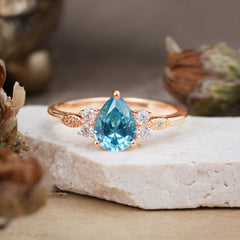 3 Prong Pear Cut Classic Lab Grown Aquamarine Engagement Ring with Side Stone