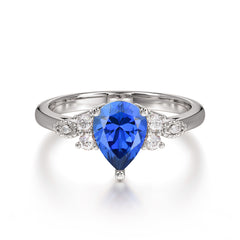 3 Prong Pear Cut Classic Lab Grown Sapphire Engagement Ring with Side Stone