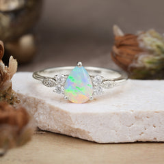 3 Prong Pear Cut Classic Lab Grown Opal Engagement Ring with Side Stone