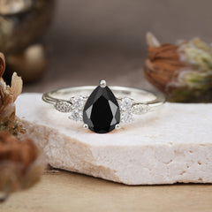 3 Prong Pear Cut Classic Black Onyx Engagement Ring with Side Stone