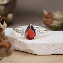 3 Prong Pear Cut Classic Lab Grown Garnet Engagement Ring with Side Stone