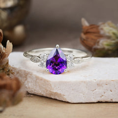 3 Prong Pear Cut Classic Amethyst Engagement Ring with Side Stone