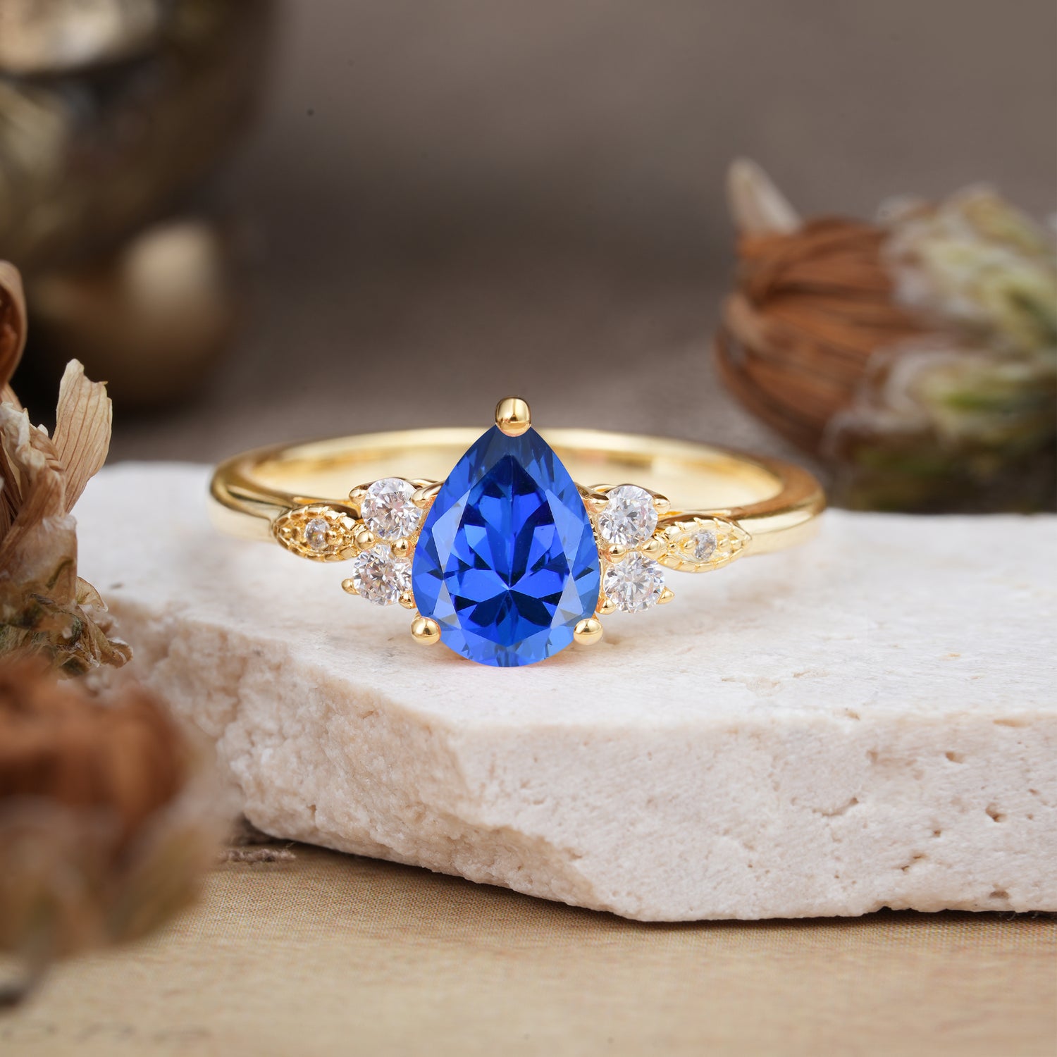 3 Prong Pear Cut Classic Lab Grown Sapphire Engagement Ring with Side Stone