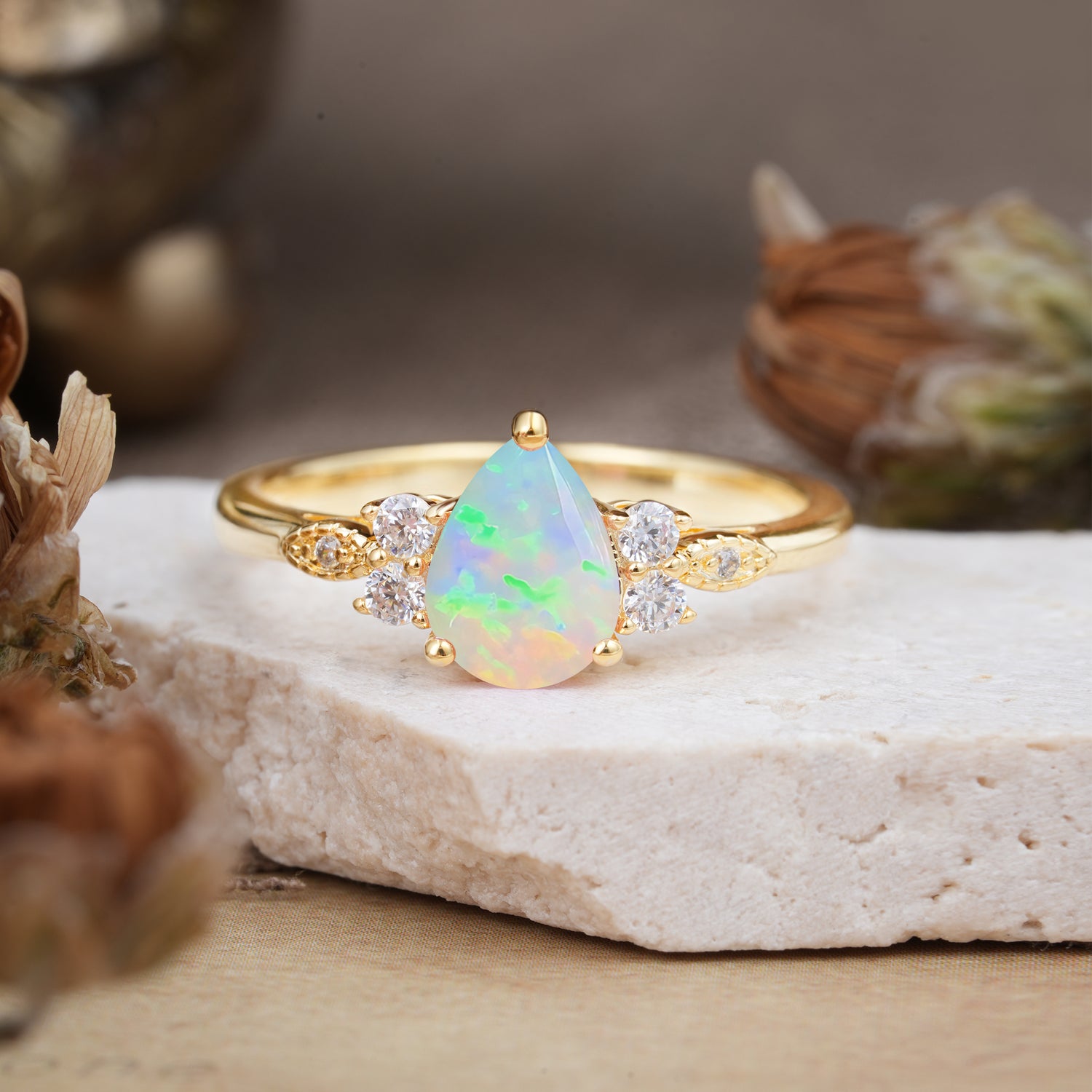 3 Prong Pear Cut Classic Lab Grown Opal Engagement Ring with Side Stone