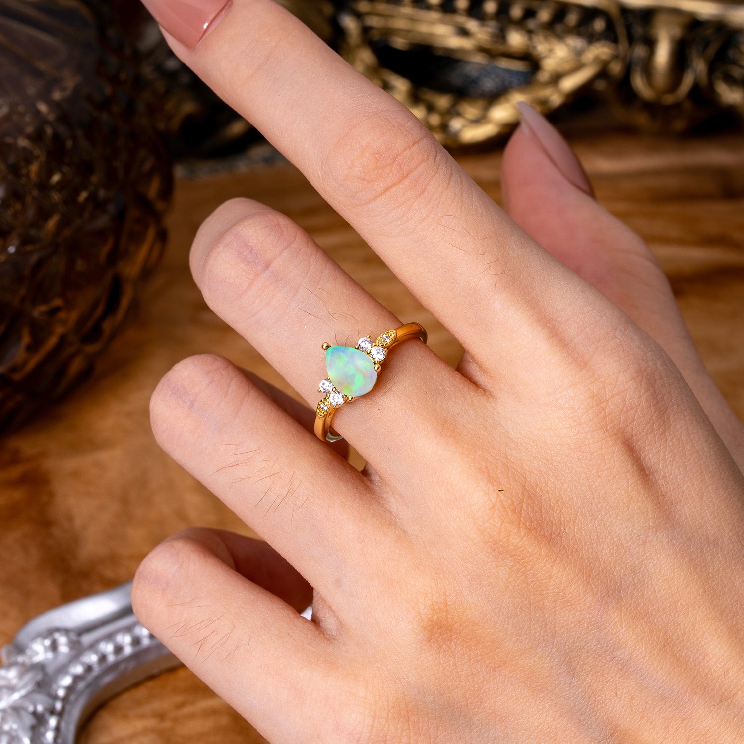 3 Prong Pear Cut Classic Lab Grown Opal Engagement Ring with Side Stone