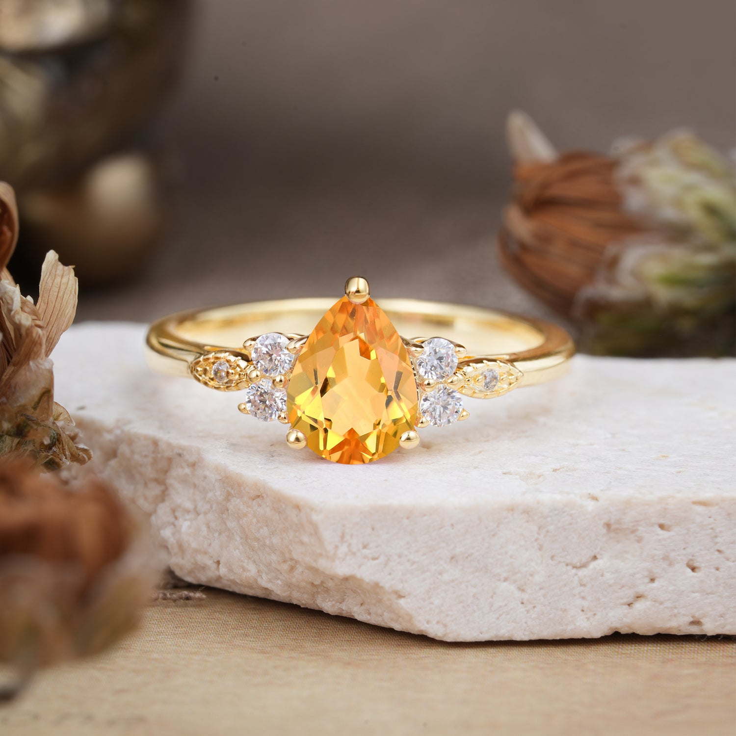 Pear Cut Classic Citrine Engagement Ring with Side Stone
