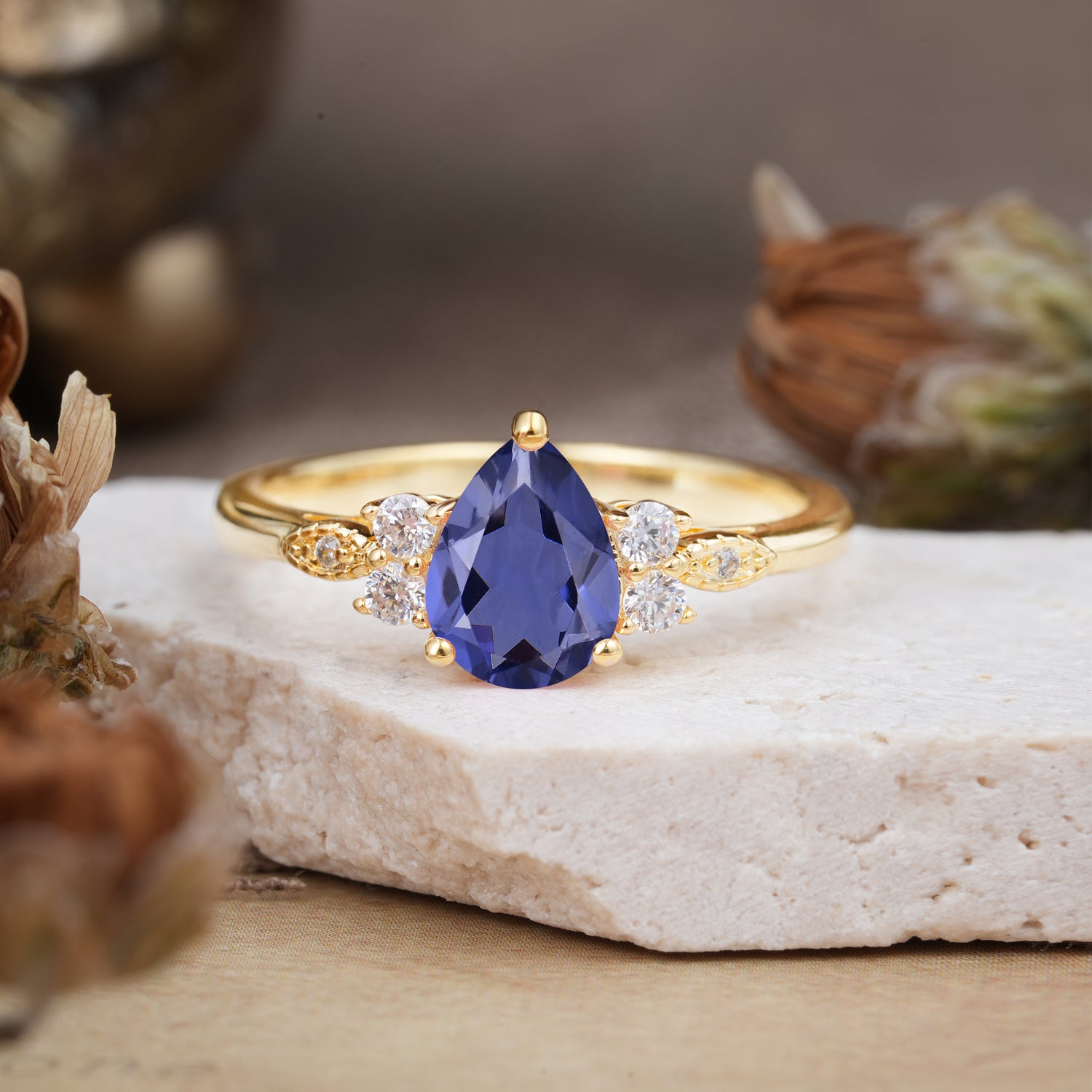 3 Prong Pear Cut Classic Tanzanite Engagement Ring with Side Stone