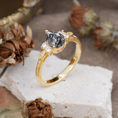 3 Prong Pear Cut Classic Black Rutilated Quartz Engagement Ring with Side Stone