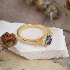 3 Prong Pear Cut Classic Black Rutilated Quartz Engagement Ring with Side Stone
