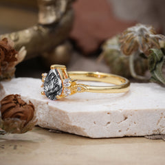 3 Prong Pear Cut Classic Black Rutilated Quartz Engagement Ring with Side Stone