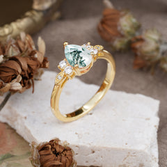 Pear Cut Classic Moss Agate Engagement Ring with Side Stone