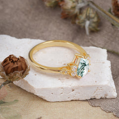 Pear Cut Classic Moss Agate Engagement Ring with Side Stone