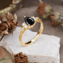 3 Prong Pear Cut Classic Black Onyx Engagement Ring with Side Stone