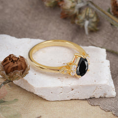 3 Prong Pear Cut Classic Black Onyx Engagement Ring with Side Stone