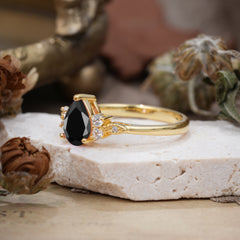 3 Prong Pear Cut Classic Black Onyx Engagement Ring with Side Stone