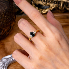 3 Prong Pear Cut Classic Black Onyx Engagement Ring with Side Stone
