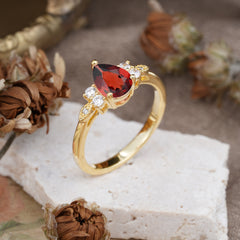 3 Prong Pear Cut Classic Lab Grown Garnet Engagement Ring with Side Stone