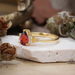 3 Prong Pear Cut Classic Lab Grown Garnet Engagement Ring with Side Stone