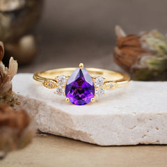 3 Prong Pear Cut Classic Amethyst Engagement Ring with Side Stone