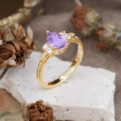 3 Prong Pear Cut Classic Lab Grown Amethyst Engagement Ring with Side Stone